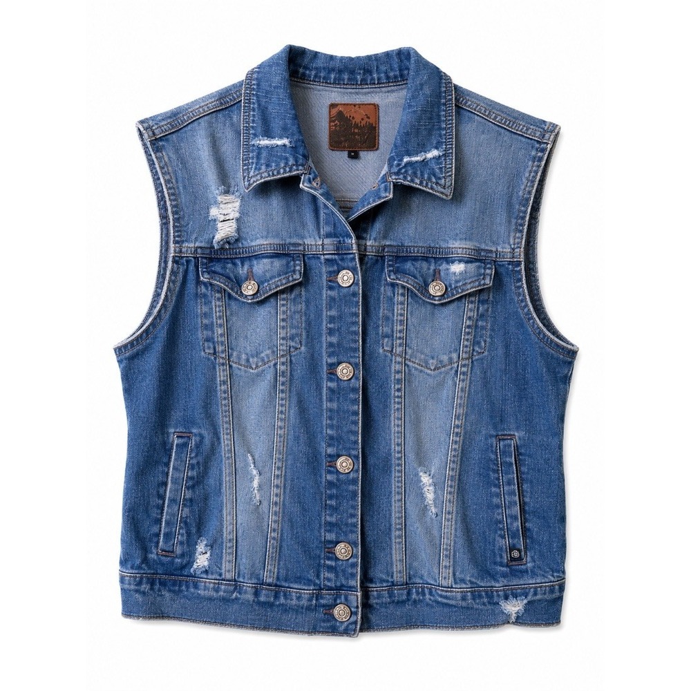 Enjean Denim Collection Womens Blue Distressed Denim Vest Jacket Size L